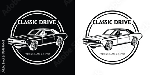 Classic drive logo featuring a vintage car silhouette inside a circular emblem, presented in both black and white versions
