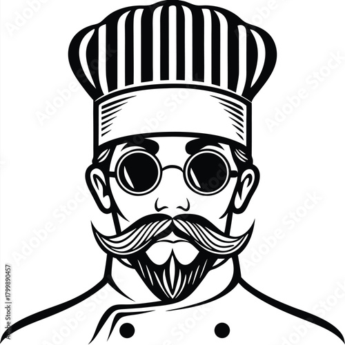 Linear design shows a sophisticated chef in a uniform, round glasses, and beard