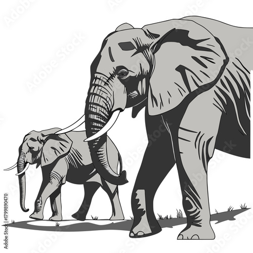 Two elephants an adult and a calf walk side by side in a stylized illustration