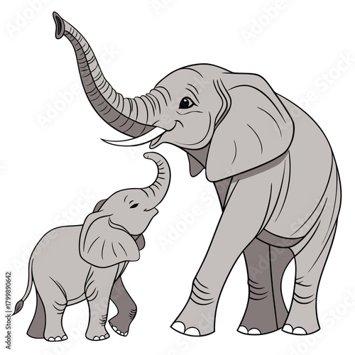 Adorable cartoon mother elephant and baby elephant with trunks raised in playful greeting