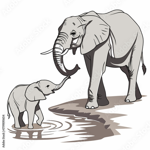 Mother and baby elephant touching trunks in a tender moment near water with reflections