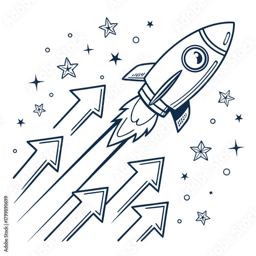 Cartoon rocket ship blasting off into space surrounded by upward pointing arrows and stars