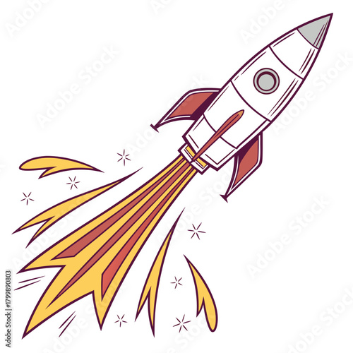 Retro style cartoon rocket ship blasting off into space with fiery exhaust and stars