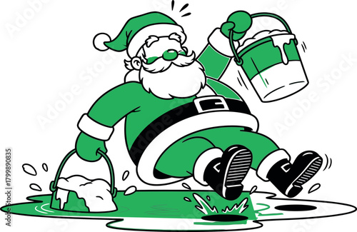 Illustration of green santa claus falling with buckets of paint, isolated on white background