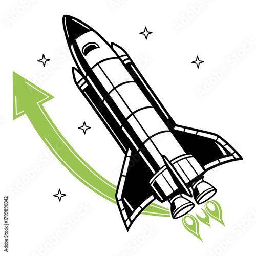 Space shuttle launching upwards with a green arrow indicating progress and growth in outer space