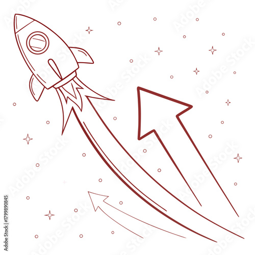 Cartoon rocket ship blasting off into space with upward trending arrows and stars symbolizing growth and success