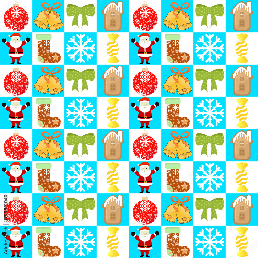 Obraz premium Cute christmas seamless pattern with santa claus, snowflake, and gingerbread house. Holiday cartoon background for wrapping paper, textile, greeting cards, and festive decoration vector illustration.