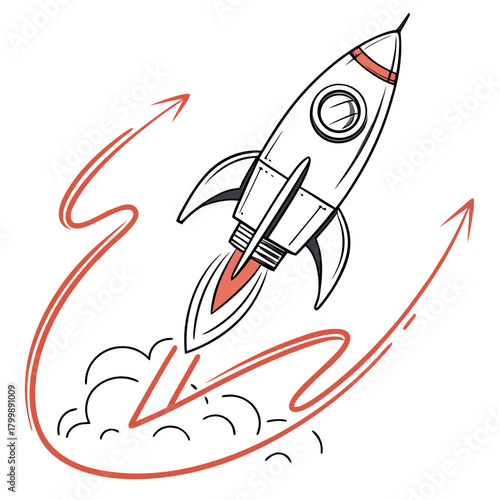 Stylized cartoon rocket ship blasting off with fiery exhaust and red arrow trails indicating upward trajectory