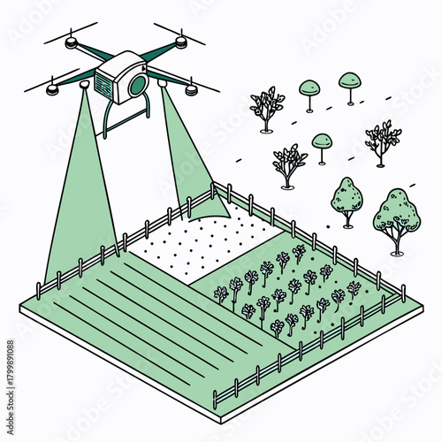 Modern agriculture drone surveying a farm field with crops and trees for precision farming technology