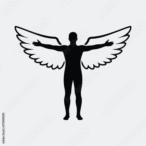Silhouette of winged man spreading arms vector illustration