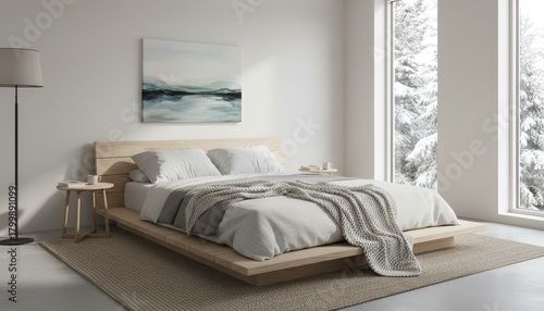 Clean Nordic bedroom with low wooden bed frame and art