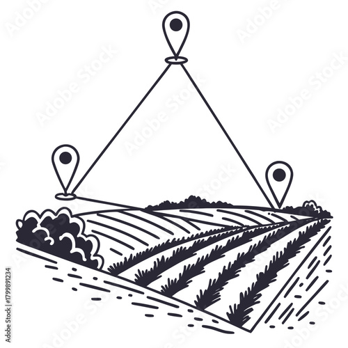 Doodle style illustration of a farm field with three location pins connected by lines representing precision agriculture