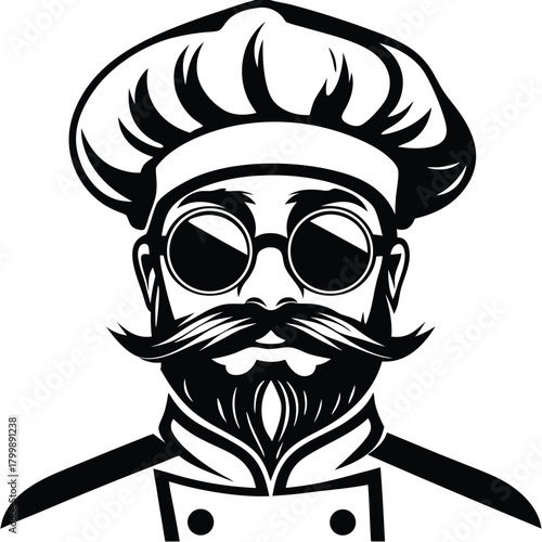 Retro chef visage showcases beard, glasses, toque, and coat in black and white