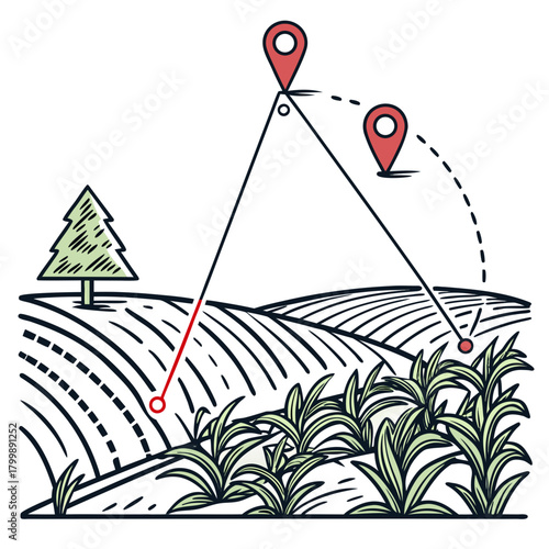 Farm field with crops and a tree showing triangulation points for surveying or navigation