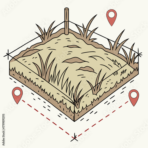 Isometric illustration of a surveyed plot of land with markers and measuring lines for property boundaries