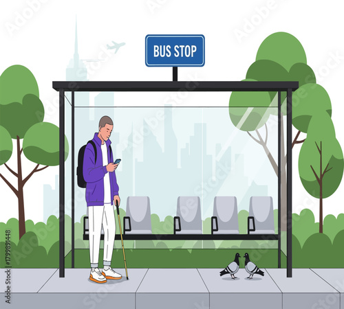 Illustration of an elderly man with a cane waits at a bus stop in the city, checking his phone while pigeons gather nearby, surrounded by urban trees and buildings