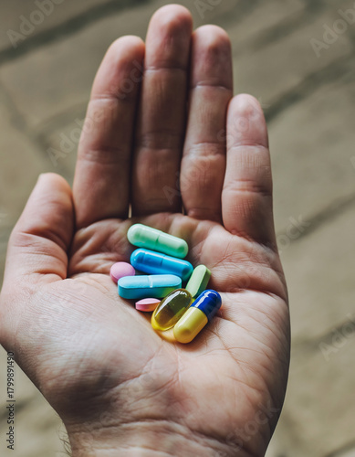 Colorful assorted pills and vitamins in an open hand