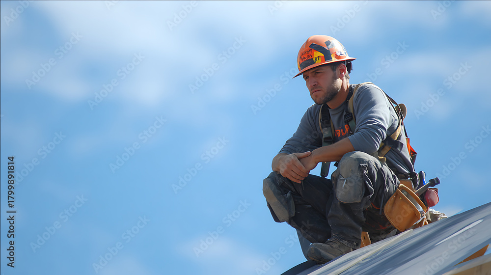Fototapeta premium experienced contractor inspecting roof during installation process with focus on safety and property maintenance