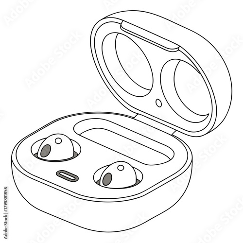 Line art illustration of wireless earbuds and charging case