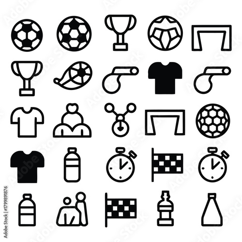 black line football vector icons pack featuring player goalpost water bottle and flag