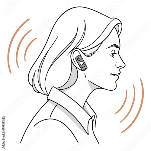 Woman wearing an earbud and receiving sound waves illustration