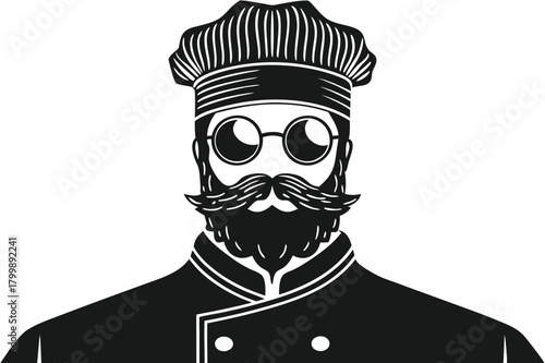 of a bearded chef with a mustache and glasses is wearing his toque