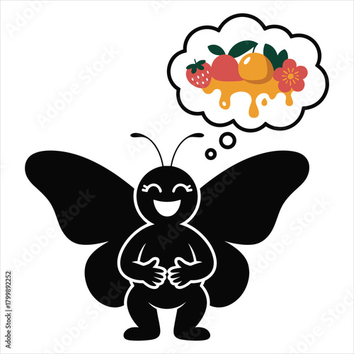 Happy butterfly dreaming of sweet fruits and golden honey treats isolated on white background, Vector