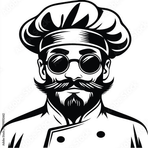 Intricate chef icon featuring a bearded man wearing glasses and a chef's hat