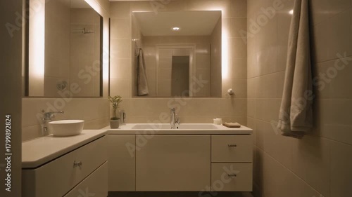 Wallpaper Mural Warm beige and white modern bathroom with soft ambient lighting Torontodigital.ca