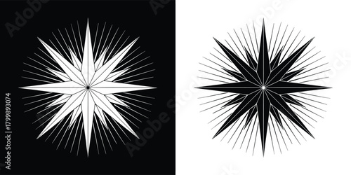 Abstract starburst graphic with radiating lines in black and white, symbolizing energy, light, and direction