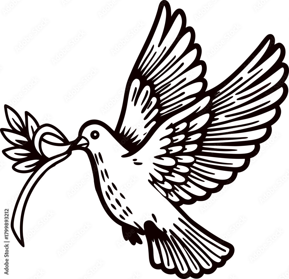 Fototapeta premium Hand drawn flying dove holding ribbon in beak vintage engraved bird illustration with outstretched wings