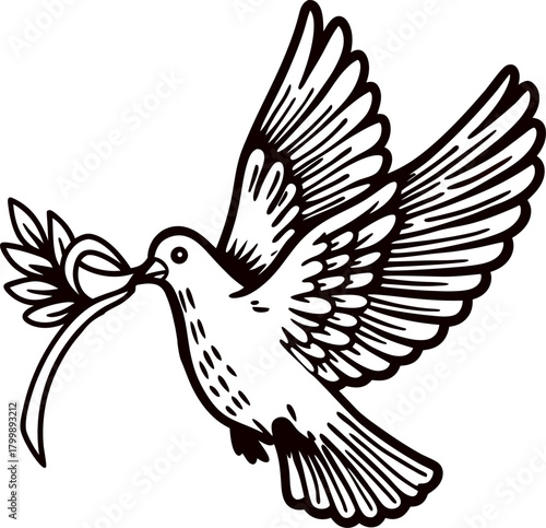 Hand drawn flying dove holding ribbon in beak vintage engraved bird illustration with outstretched wings
