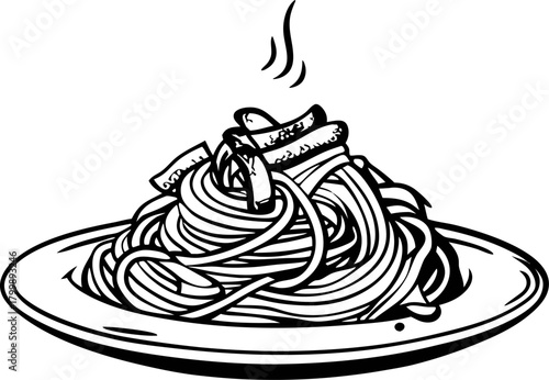 Steaming plate of pasta with ribbon noodles and sauce in hand drawn vintage sketch illustration