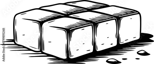 Hand drawn ice cubes in block formation with engraved sketch isolated on white background