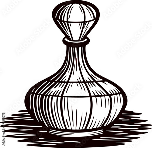 Hand drawn antique glass perfume bottle with stopper vintage engraving illustration