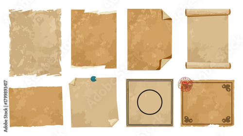 Collection of aged paper textures, including torn edges, rolled scrolls, and pinned notes, evoking a vintage and historical feel