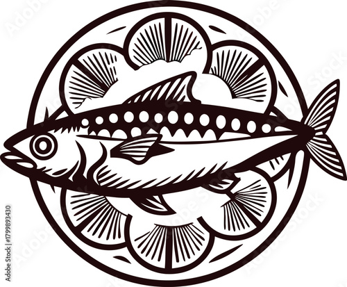 hand drawn mackerel fish with detailed scales and decorative round background illustration