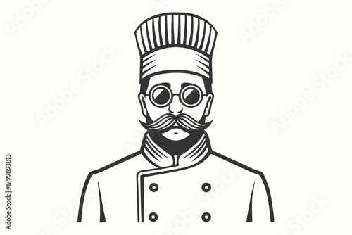 Monochrome chef with stylish mustache wears glasses and traditional uniform with elegant lines