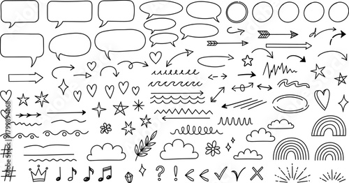Collection of hand drawn doodle elements including speech bubbles arrows stars clouds and musical notes