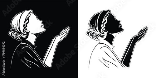 Vintage illustration of a woman in profile, looking up with hands outstretched in a gesture of prayer or hope, presented in both positive and negative black and white