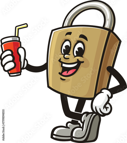 Cartoon mascot of a padlock holding a soft drink