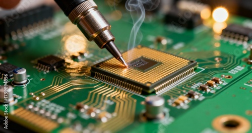 Electronics technician soldering microchip on PCB board in high detail macro shot