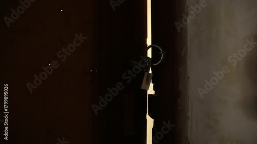 Padlock and keys hang on a dark wooden door slightly ajar, revealing a bright crack of light. Mysterious, hidden access, or secret reveal concept.