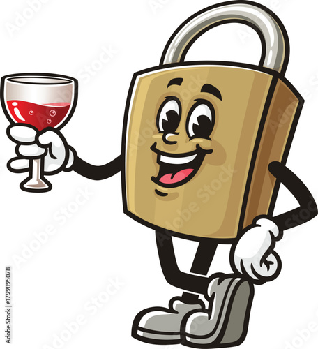 Cartoon mascot of a padlock holding a glass of drink