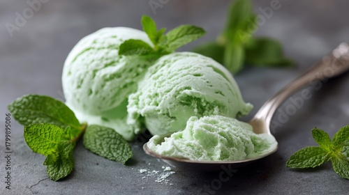 Closeup of creamy green tea ice cream scoop garnished with fresh mint leaves on dark textured background, highlighting refreshing dessert elegance with copy space