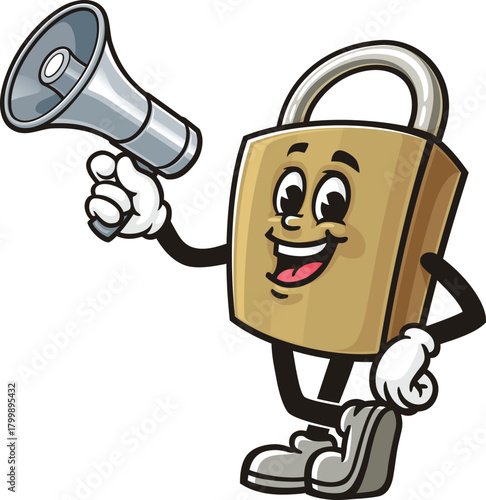 Cartoon mascot of a padlock holding a megaphone or loudspeaker