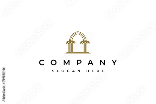 Ancient greek pillar gate logo with luxurious gold color in line art design style