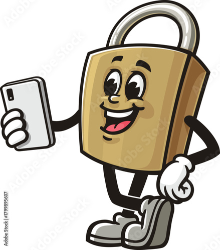 Cartoon mascot of a padlock holding a gadget or smartphone