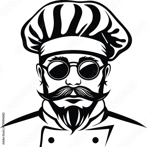 Stylish chef character with round glasses and big mustache wearing a classic hat