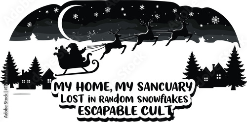 Santa sleigh flying over snowy village, festive reindeer silhouette, crescent moon, stars, pine trees vector for Christmas holiday design and decoration